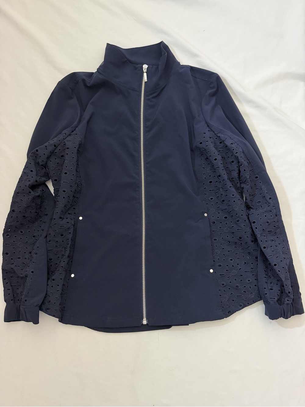 Chico's Navy Eyelet-Sleeve Zip Jacket Windbreaker sz 8